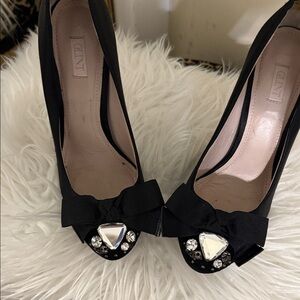 Glint Black Peep-Toe Heels with Bow and Gem Accents
